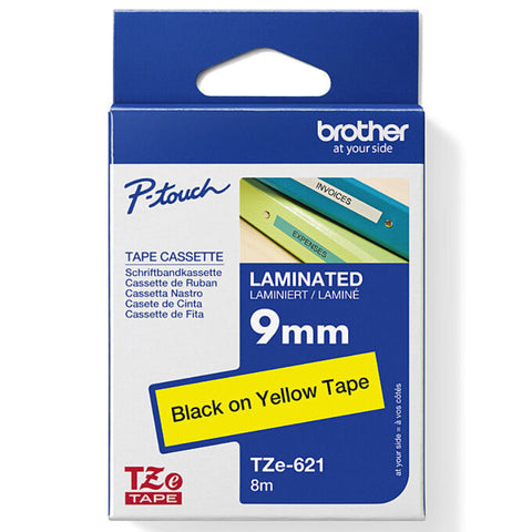 Brother TZE-621 Laminated Labelling Tape 9mm (Black On Yellow)
