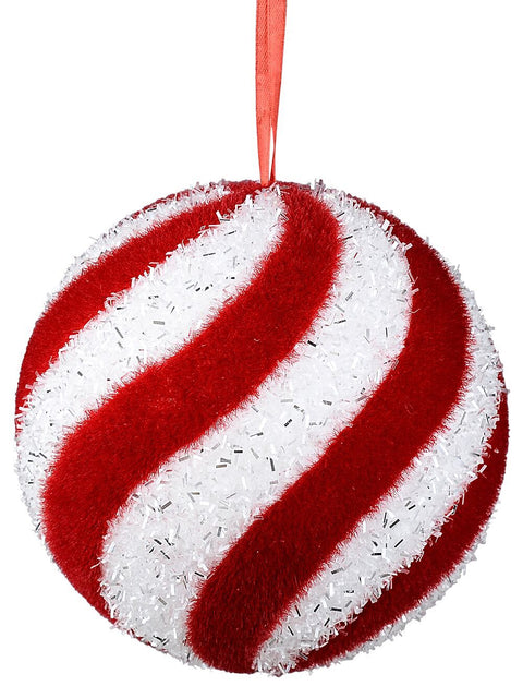 Christmas Warehouse - DECR9209 Whimsical Red & White Grand Flocked Candy Swirl Bauble | 15cm Red & White with Silver