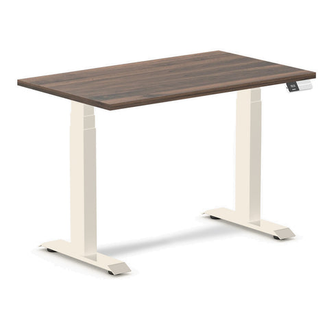 Desky Dual Mini Sit Stand Desk 1000x600 Jarrah Legno Desktop and Wheat Frame