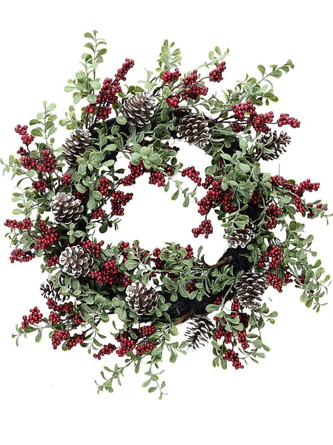 Christmas Warehouse - WRTH2603 55cm Boxwood & Red Berry Christmas Vine Wreath | Snow Tipped Pine Cones Green with Red & Natural