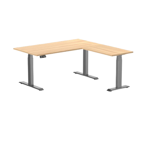 Desky Eco L-Shape Melamine Sit Stand Desk 150 x 155 cm Sublime Teak Top and Space Grey Leg