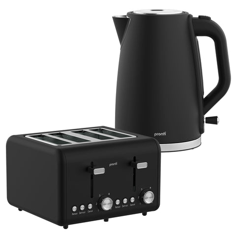 Pronti Silver Noir Collection 4 Slice Toaster and 1.7L Kettle Bundle