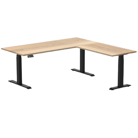 Desky Hardwood L-Shape Sit Stand Desk 180 x 175 cm White Ash Top and Matte Black Leg