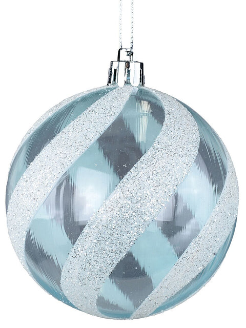 Christmas Warehouse - DECRH097 Blue & White Whimsical Glitter Candy Swirl Bauble | 80mm Light Blue with White & Silver