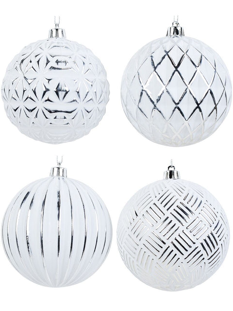 Christmas Warehouse - DECR9156 4x Dynamic White & Silver Signature Multi Textured Baubles | 10cm White with Silver