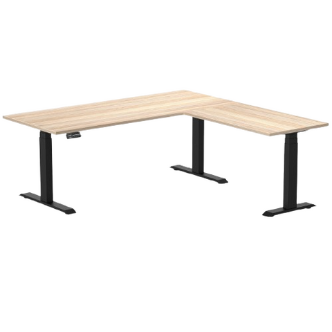 Desky Eco L-Shape Melamine Sit Stand Desk 180 x 175 cm Classic Oak Top and Matte Black Leg
