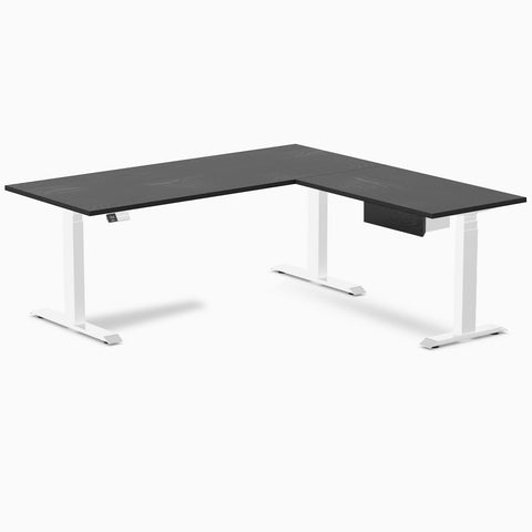 Desky Hardwood L-Shape Standing Desk With Drawer 180 x 175 cm Black Ash Top and White Leg