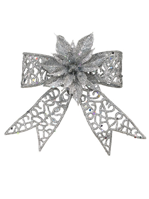 Christmas Warehouse - PICK2025 Silver Mesh Poinsettia Flower & Ribbon Christmas Bow Clip Pick | 13cm Silver