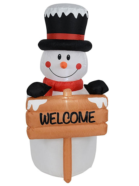 Christmas Warehouse - ARBLGM74 1.5m Snowman & Welcome Signpost | LED Outdoor Inflatable White with Red, Black, Brown & Orange