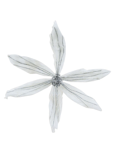 Christmas Warehouse - PICK2511 White Faux Fur & Silver Glitter Poinsettia Christmas Tree Clip Pick | 40cm White with Silver