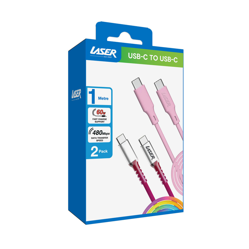 Laser 1m [2 Pack] USBC 60W Fast Charge Cable (Rainbow Pink) JB HiFi