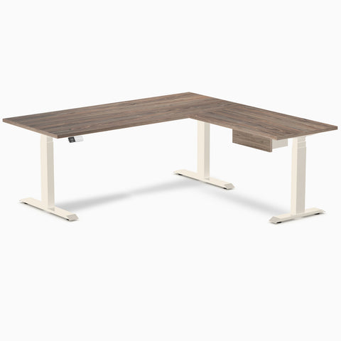 Desky Eco L-Shape Melamine Standing Desk With Drawer 180 x 175 cm Natural Walnut Top and Wheat Leg