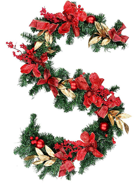 Christmas Warehouse - PREDF624 1.8m Decorated Red Poinsettia & Berry Garland | Gold Leaves & Baubles Red with Gold on Green