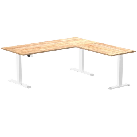 Desky Rubberwood L-Shape Sit Stand Desk 180 x 175 cm Natural Timber Top and White Leg