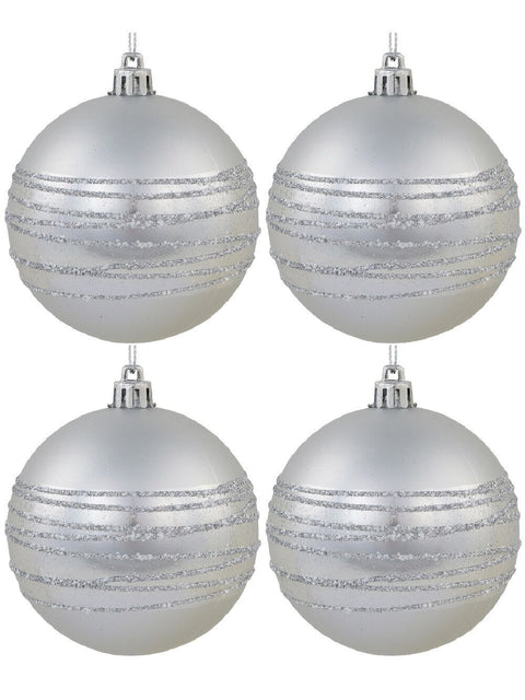 Christmas Warehouse - DECR5159 4x Dynamic Silver Statement Multi-Texture Striped Baubles | 80mm Silver