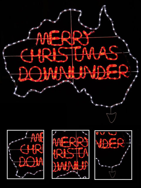 Christmas Warehouse - OUDRS162 1.1m Outdoor Merry Christmas Down Under Aussie Map LED Rope Light Motif Red & Cool White