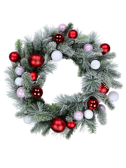 Christmas Warehouse - PREDW830 60cm Festive Frost Christmas Wreath With Red, Pink & White Winter Fir Green with White, Red & Pink