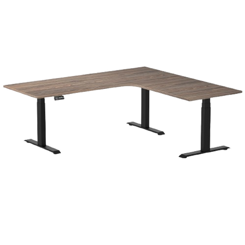 Desky L-Shape Melamine Sit Stand Desk 200cm - Left Return Natural Walnut Top and Matte Black Leg