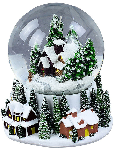 Christmas Warehouse - ORNMGB46 Winter Town Scene With Music & Lights Waterball Snow Globe | 11cm White with Green, Brown & Yellow
