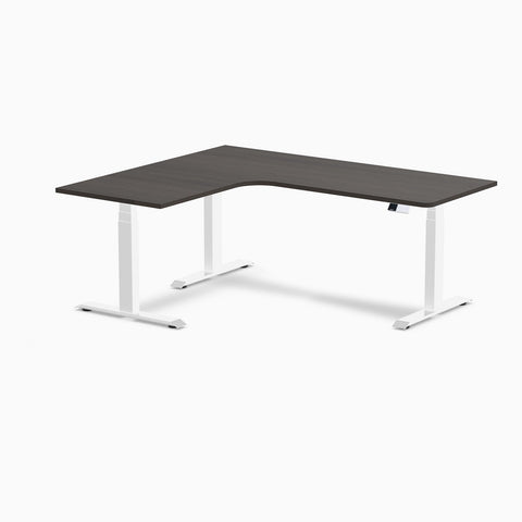 Desky L-Shape Melamine Sit Stand Desk 180cm - Left Return Burnished Wood Top and White Leg