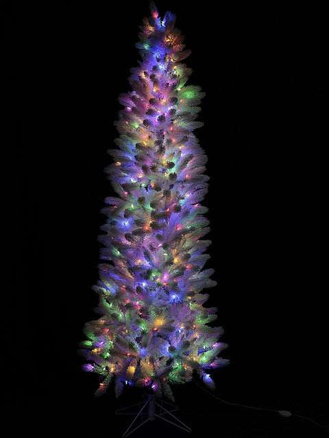 Christmas Warehouse - TREEPW23 2.3m Slim White Flocked Pyrenees Spruce Pre-Lit Tree | 878 Tips & 440 LED White with Warm White & Multi Colour