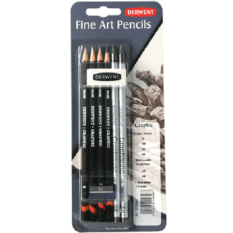 Derwent 8pcs Graphic Sketch Mixed Media Pack + Eraser + Sharpener