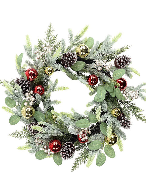 Christmas Warehouse - WRTH2605 60cm Decorated Cedar & Mixed Foliage Christmas Wreath | Red & Gold Baubles Green with Natural, Red & Gold
