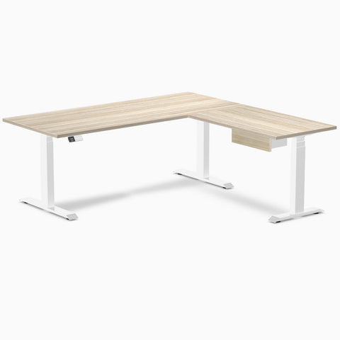 Desky Eco L-Shape Melamine Standing Desk With Drawer 180 x 175 cm Classic Oak Top and White Leg