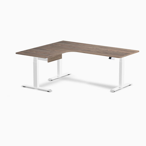 Desky L-Shape Melamine Standing Desk With Drawer 180cm - Left Return Natural Walnut Top and White Leg