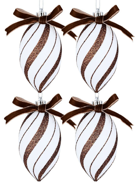 Christmas Warehouse - DECRH051 4x White & Brown Candy Swirl Whimsical Finial Drops | 12cm White with Brown
