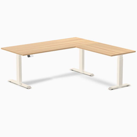 Desky Eco L-Shape Melamine Sit Stand Desk 180 x 175 cm Sublime Teak Top and Wheat Leg