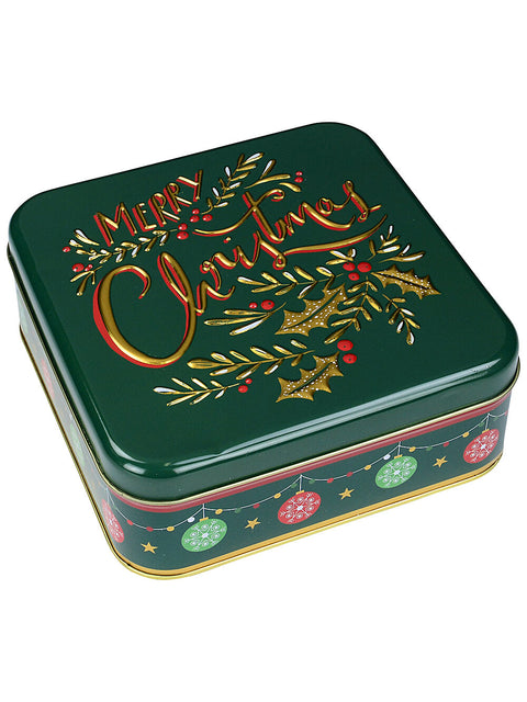 Christmas Warehouse - ORNM2623 Green Merry Christmas Cookie Tin | 17cm Festive Gift Box With Gold Holly Detail Green with Gold & Red