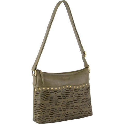 Pierre Cardin Womens Leather Perforated Cross Body Bag with Stud Detailing Travel - Olive