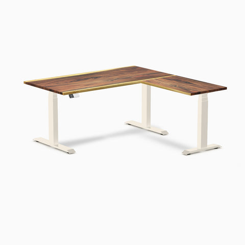 Desky Hardwood L-Shape Sit Stand Desk 150 x 155 cm Saman / Wheat Top and Wheat Leg
