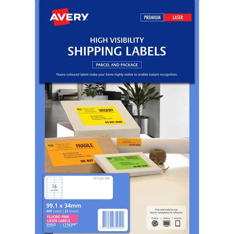 Avery Fluoro Pink High Visibility Shipping Labels for Laser Printers, 99.1 x 34 mm [400-Pieces]