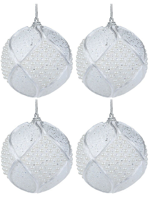 Christmas Warehouse - DECR9165 4x Opulent White & Silver Statement Pearl Bead Geometric Baubles | 80mm White with Champagne & Silver