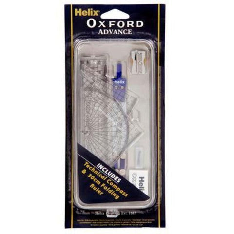 Helix Oxford Advanced Maths Set Clear 8 Piece Technical Compass Ruler Squares Protractor Tin Set
