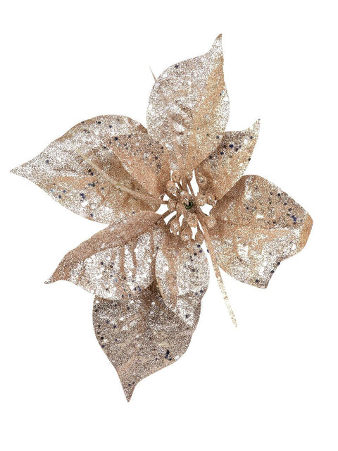 Christmas Warehouse - PICK1841 Rose Gold Glitter & Sequin Poinsettia Christmas Tree Clip Pick | 17cm Soft Rose Gold