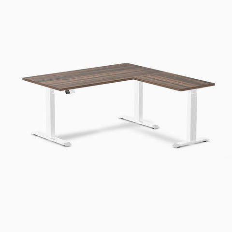 Desky Eco L-Shape Melamine Sit Stand Desk 150 x 155 cm Jarrah Legno Top and White Leg