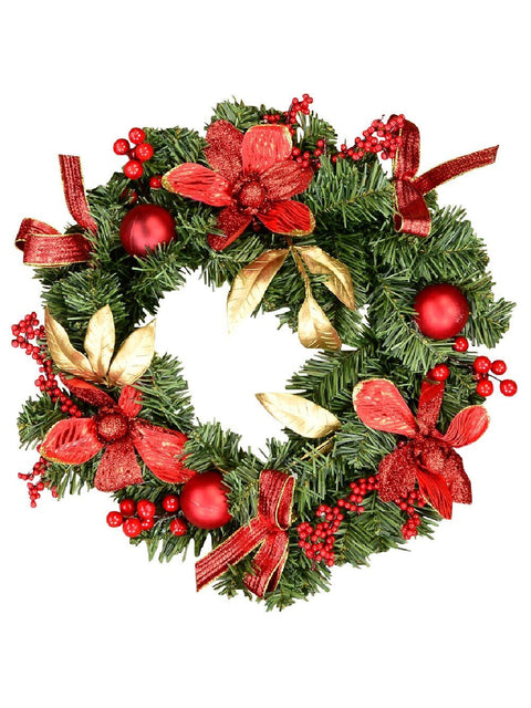 Christmas Warehouse Decorated Red Bauble, Berry and Poinsettia and Gold Leaf Fir Wreath 40cm