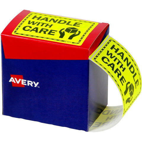 Avery 932615 Message Label Handle With Care 75x99.6mm Fluoro Yellow Pack 750