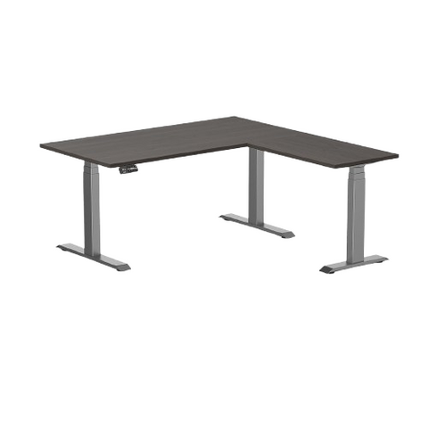 Desky Eco L-Shape Melamine Sit Stand Desk 150 x 155 cm Burnished Wood Top and Space Grey Leg