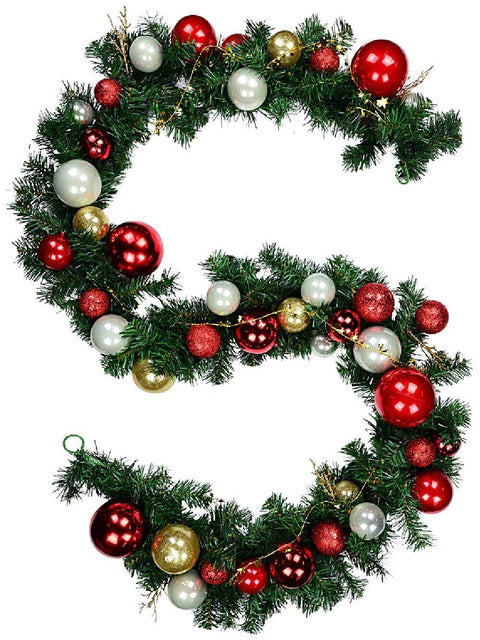 Christmas Warehouse - PREDF619 2.7m Decorated Red & Gold Bauble Christmas Garland | Star Ribbon & Twigs Red, Gold on Green