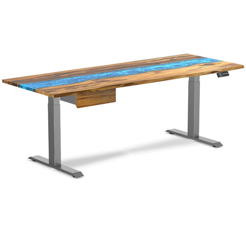 Desky Dual Resin Hardwood Standing Desk With Drawer 200cm Teak Blue River Desktop and Space Grey Frame