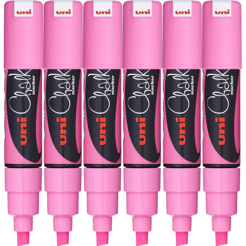 Uni-Ball PWE8K 6 Pack Chalk Marker Chisel Tip 8mm Thick (Fluoro Pink)