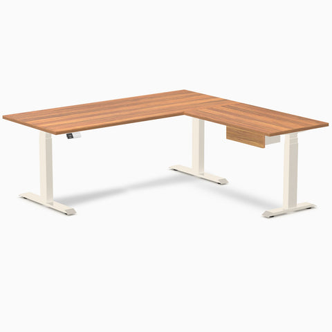 Desky Eco L-Shape Melamine Standing Desk With Drawer 180 x 175 cm Prime Oak Top and Wheat Leg