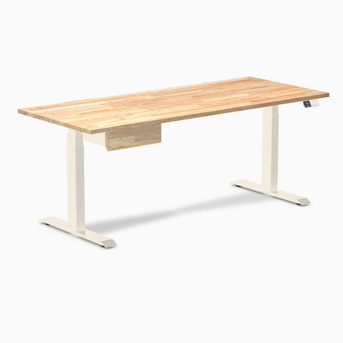 Desky Dual Rubberwood Standing Desk With Drawer 180cm Natural Timber Desktop and Wheat Frame