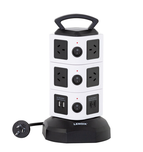 Lenoxx Tower Power Board with 10 Outlets + 2X USB A & 2X USB C