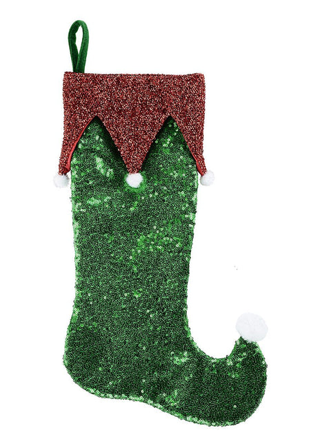 Christmas Warehouse - STCK2302 Green Sequin Elf Jester Christmas Stocking With Red Metallic Cuff | 43cm Green with Red & White