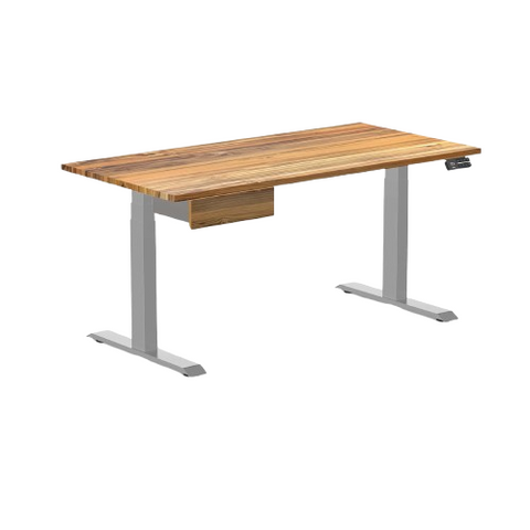 Desky Dual Hardwood Standing Desk With Drawer 150cm Teak Desktop and Grey Frame